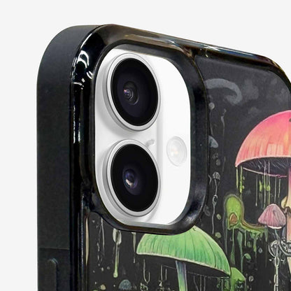 iPhone 16 Case — Rainbow Drip Mushrooms Black Green Ink, Original Design Phone Case