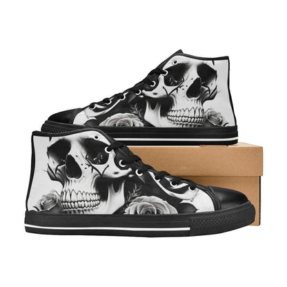 Freaky Shoes custom art sneakers with black and white skull art and roses, made to order
