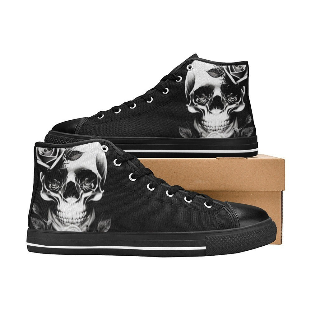 Freaky Shoes custom art sneakers with skull and rose design, made to order wearable art