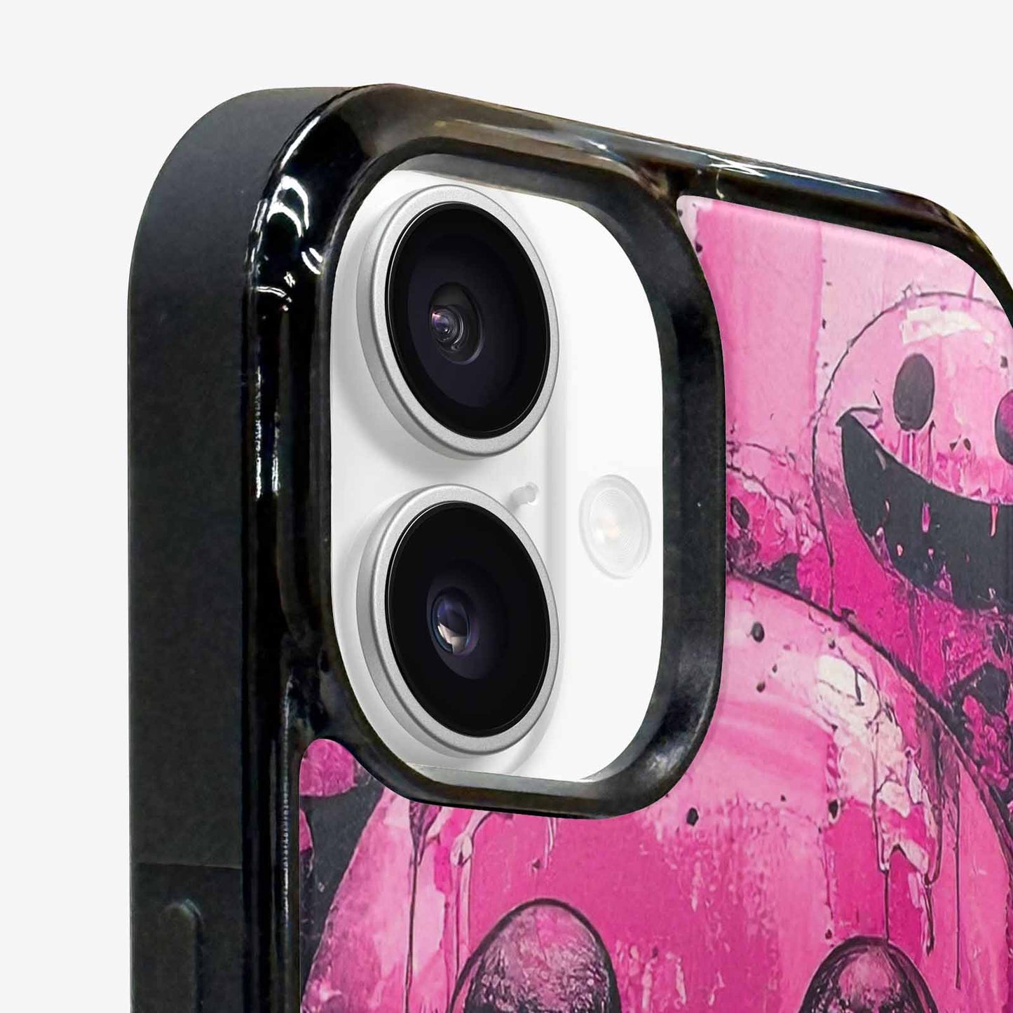 iPhone 16 Plus Case — Melting Moon Smiley Black Pink Ink, Custom Made Phone Cover