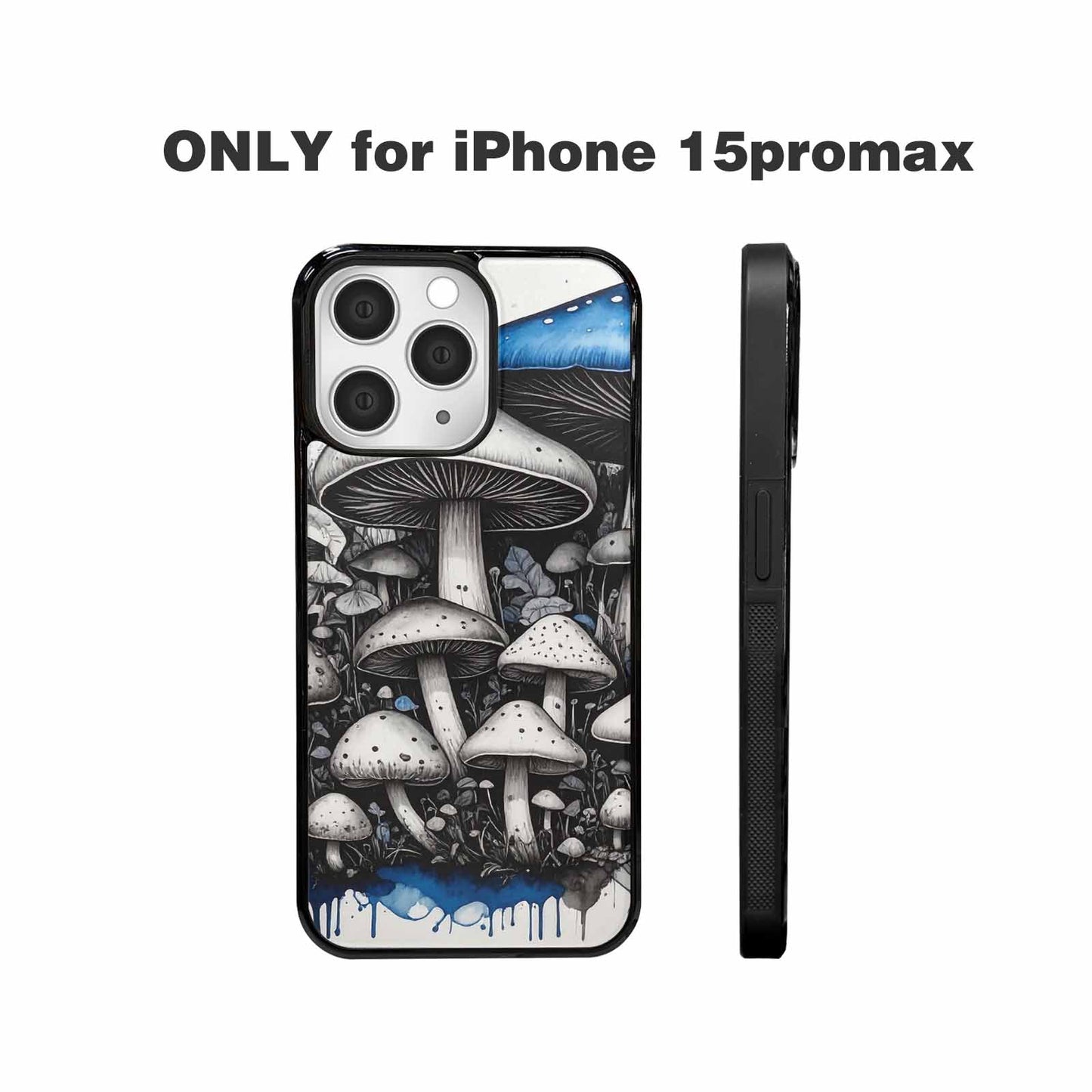 iPhone 15 Pro Max Case — Mushrooms General Black Blue Ink Mushrooms, Customized Protective Case