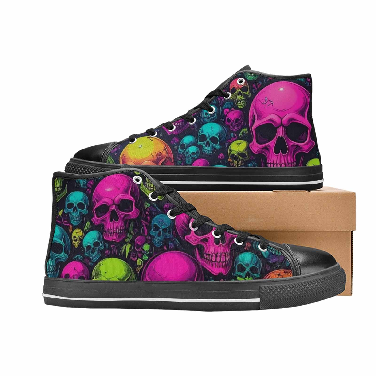 WOMEN'S Skulls - Neon High Top Canvas Wallpaper Art Custom Shoes