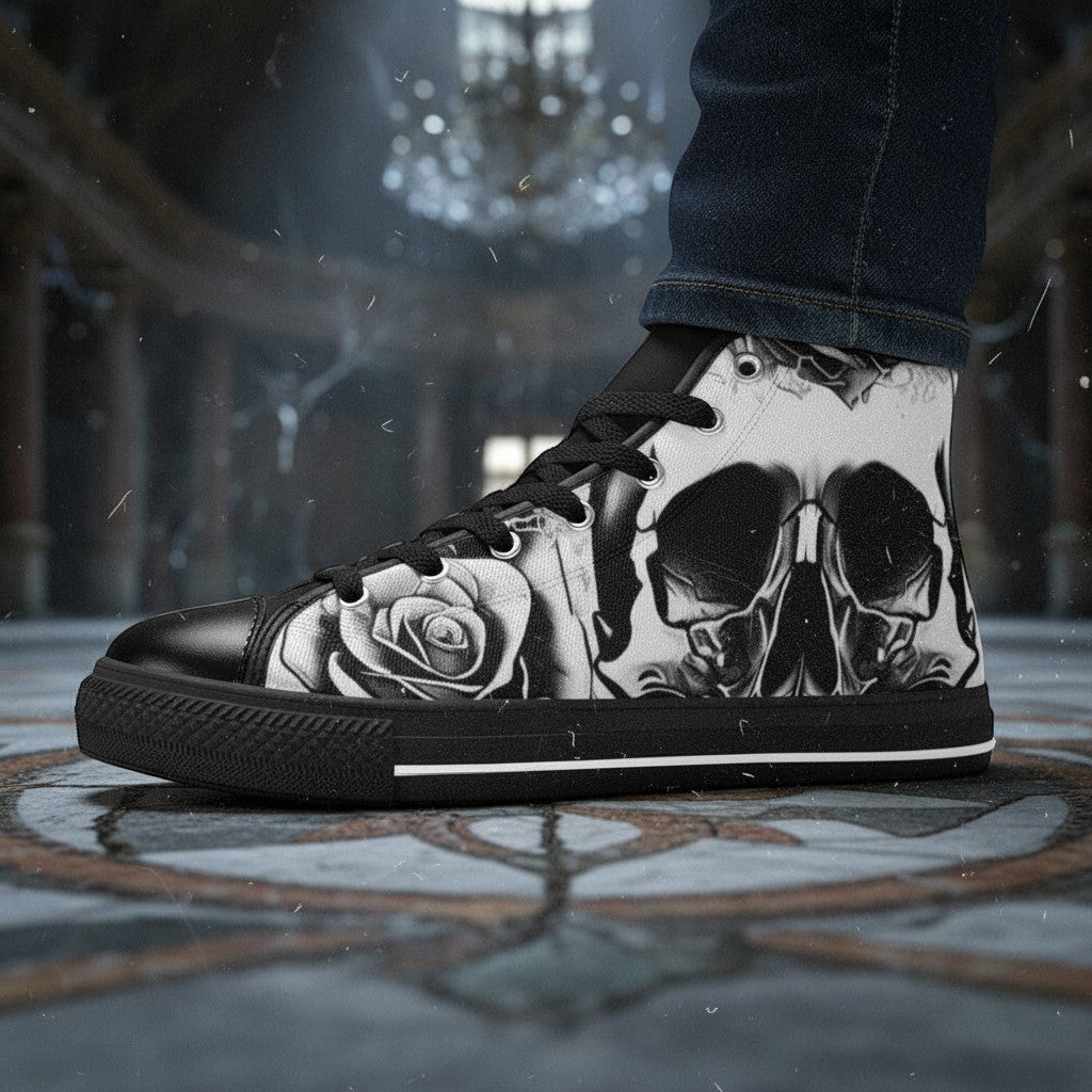 Custom Women's Grey Skull & Roses Black & White high-top canvas shoes with bold all-over art — Freaky Shoes