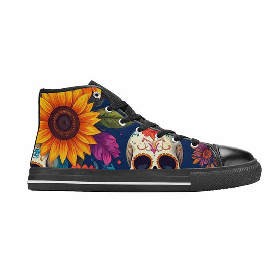 WOMEN'S Sunflower Skulls Print High Top Canvas Wallpaper Art Custom Sneakers