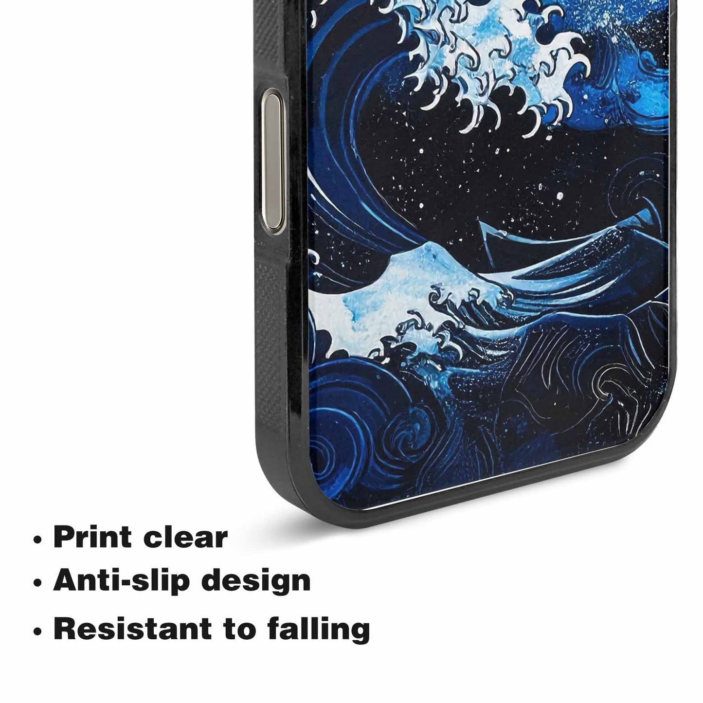 iPhone 15 Pro Max Case — Nautical Wave Black Blue Ink Wave, Custom Printed Phone Case
