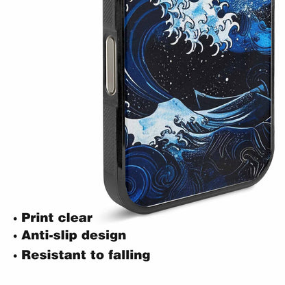 iPhone 15 Pro Max Case — Nautical Wave Black Blue Ink Wave, Custom Printed Phone Case