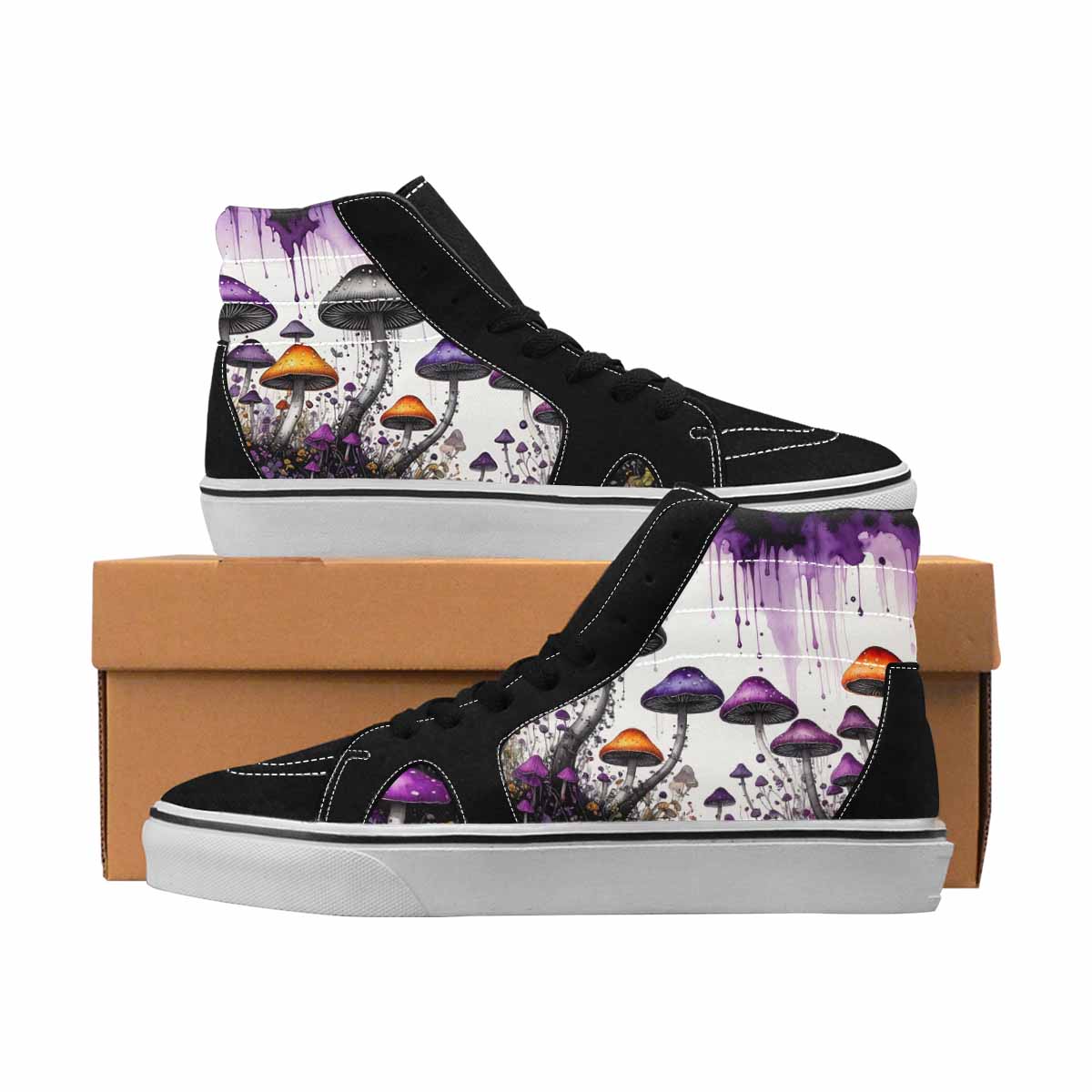 MEN'S Mushrooms Black & Purple Ink High Top Canvas Streetwear Neon Fantasy Custom Sneakers