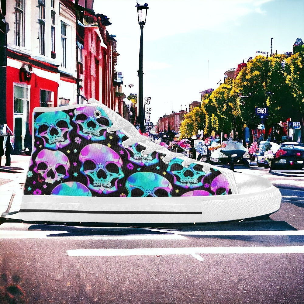 Women's Bright Skulls custom high-top canvas shoes — wearable art by Freaky Shoes
