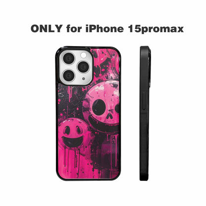 iPhone 15 Pro Max Case — Melting Moon Smiley Black Pink Ink, Custom Art Phone Cover