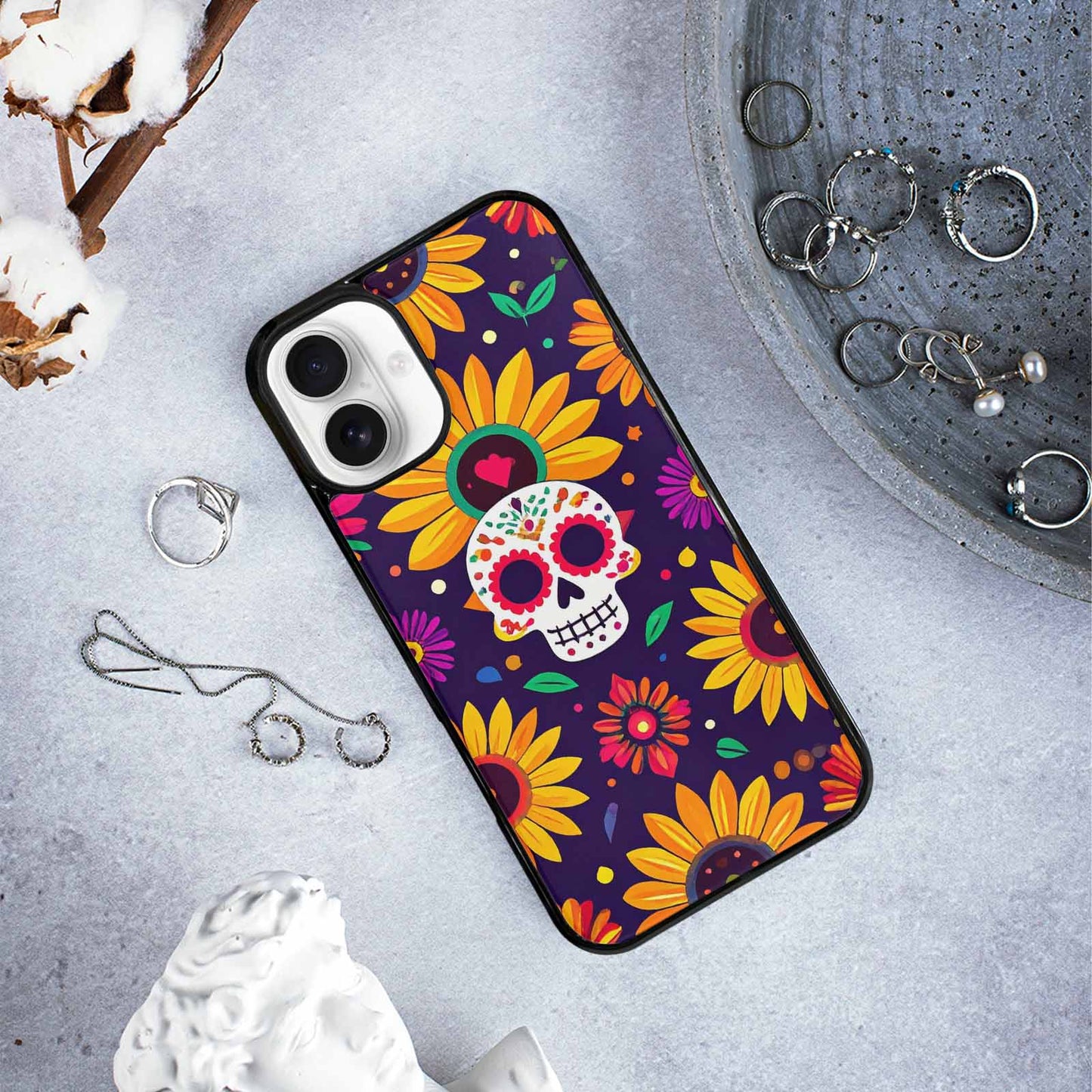 iPhone 16 Plus Case — Sunflowers And Skulls, Custom Printed Phone Case