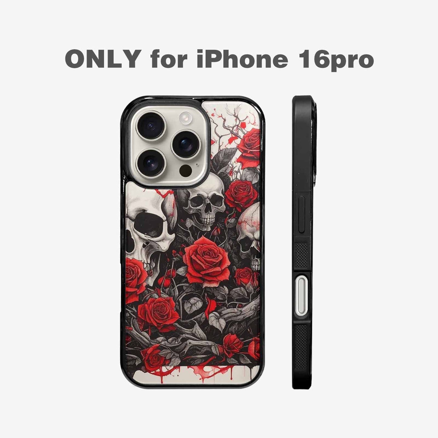 iPhone 16 Pro Case — Skull And Roses Black Red Ink, Custom Print Case Cover