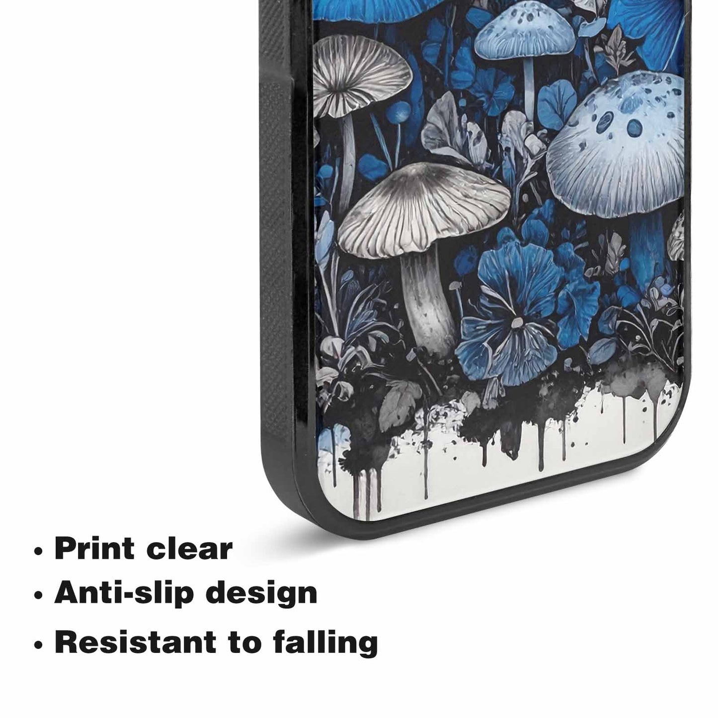 iPhone 15 Plus Case — Mushrooms General Black Blue Ink Mushrooms, Custom Designed Case Cover
