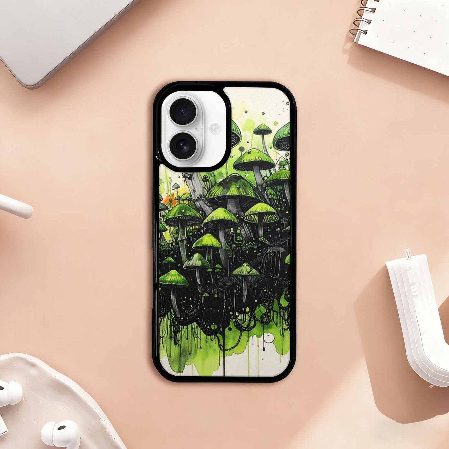 iPhone 17 Case — Rainbow Drip Mushrooms Black Original Art, Custom Printed Phone Case