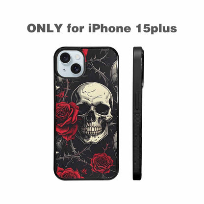 iPhone 15 Plus Case — Ornate Gothic Skulls Roses, Custom Printed Phone Case