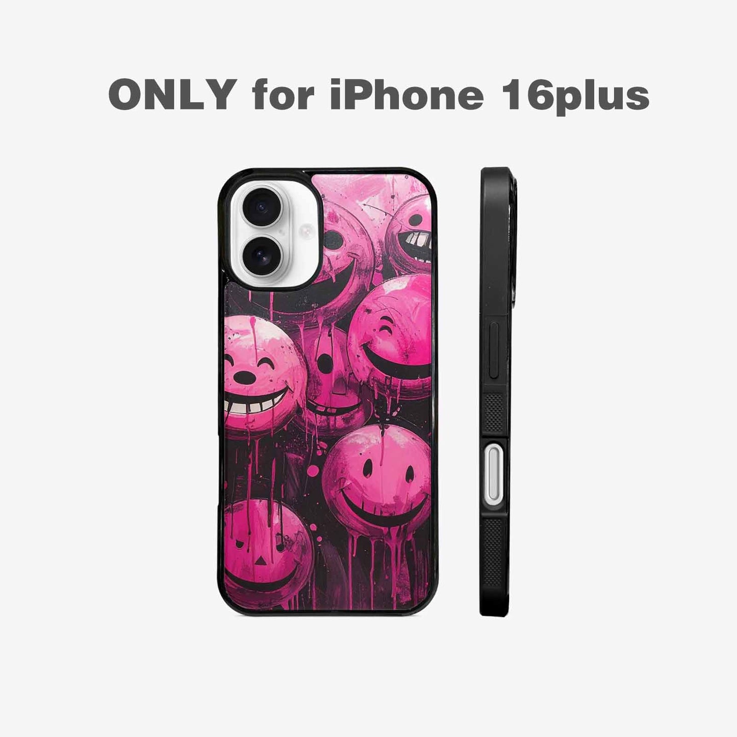 iPhone 16 Plus Case — Melting Moon Smiley Black Pink Ink, Customized Protective Case