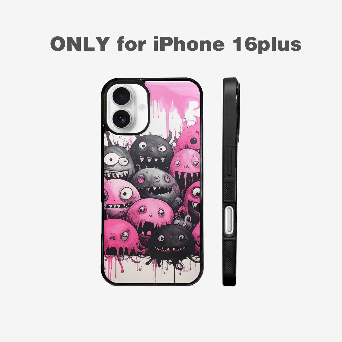 iPhone 16 Plus Case — Monsters General Black Pink Ink Cartoon, Unique Phone Case Design