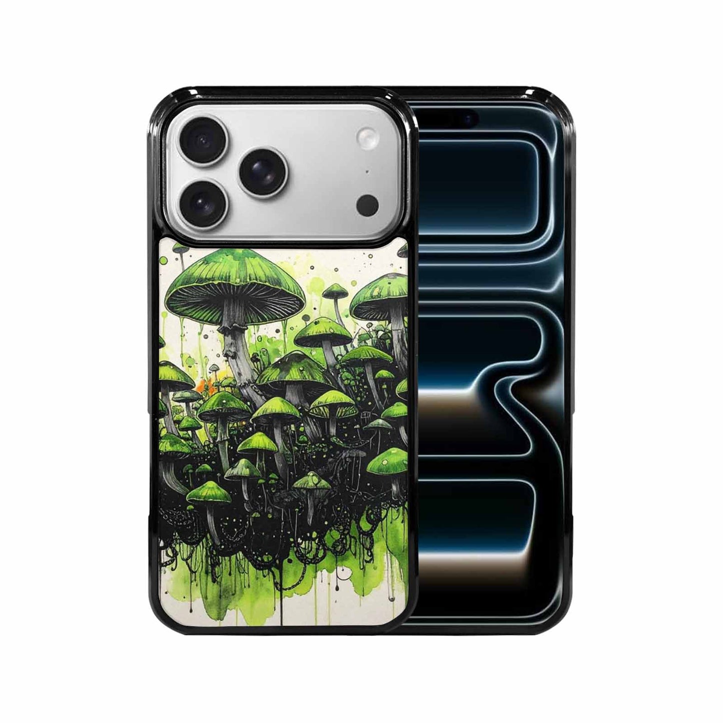 iPhone 17 Pro Max Case — Rainbow Drip Mushrooms Black Original Art, Custom Printed Phone Case