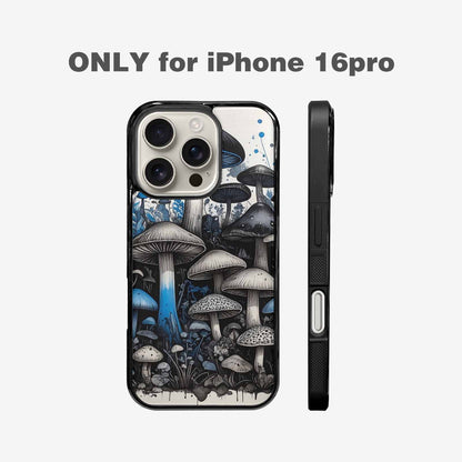 iPhone 16 Pro Case — Mushrooms General Black Blue Ink Mushrooms, Custom Print Case Cover