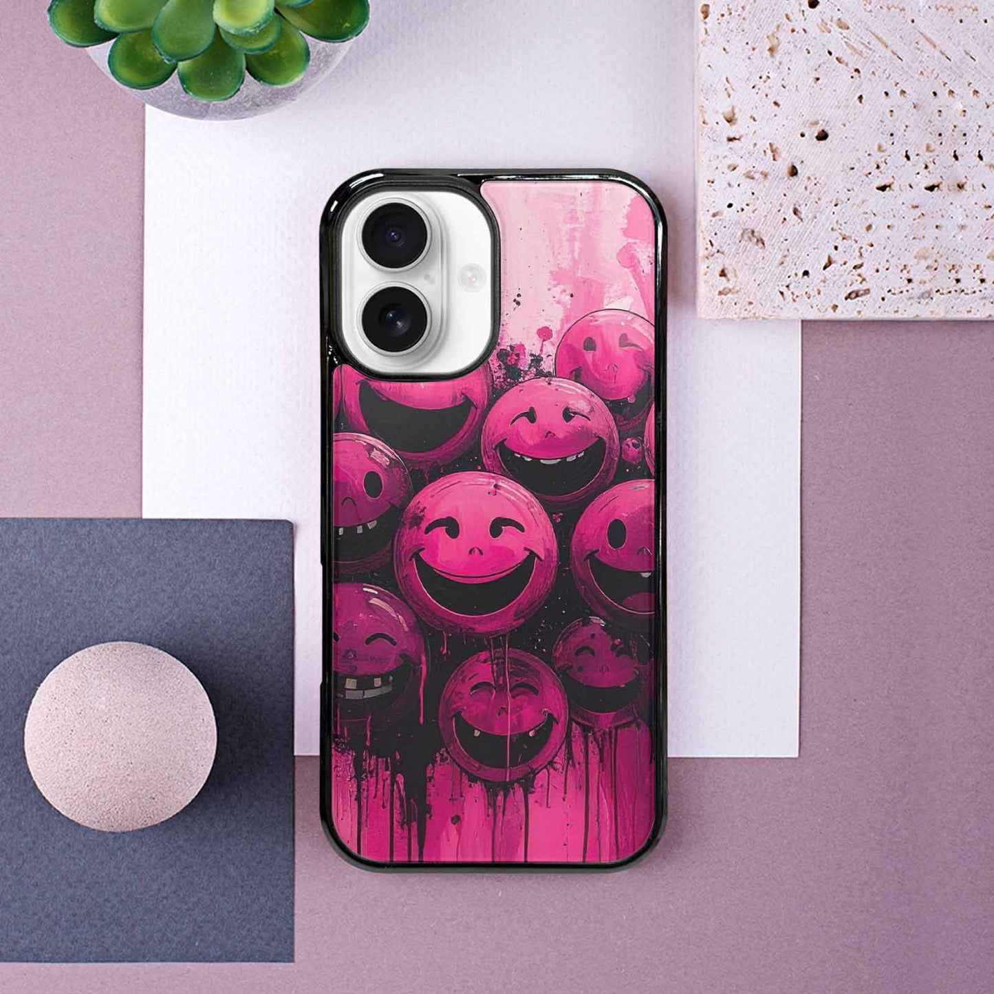 iPhone 16 Case — Melting Moon Smiley Black Pink Ink, Unique Phone Case Design