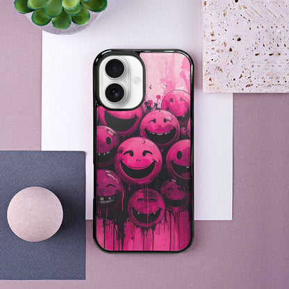 iPhone 16 Case — Melting Moon Smiley Black Pink Ink, Unique Phone Case Design