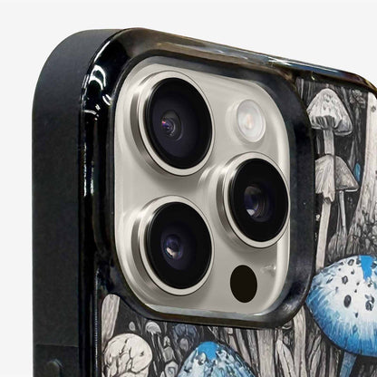 iPhone 16 Pro Case — Mushrooms General Black Blue Ink Mushrooms, Custom Art Phone Cover