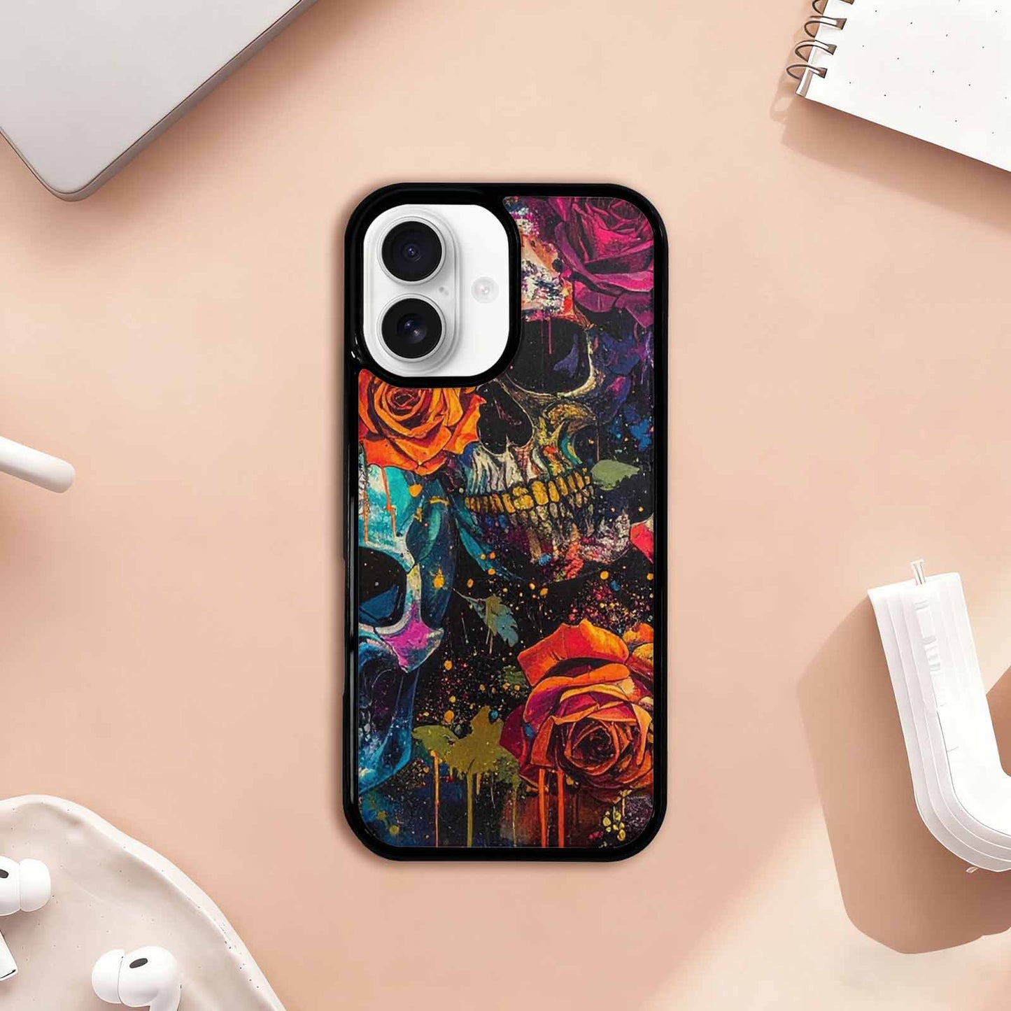 iPhone 17 Case — Skulls Roses Acid Wash Custom Gothic, Custom Print Case Cover