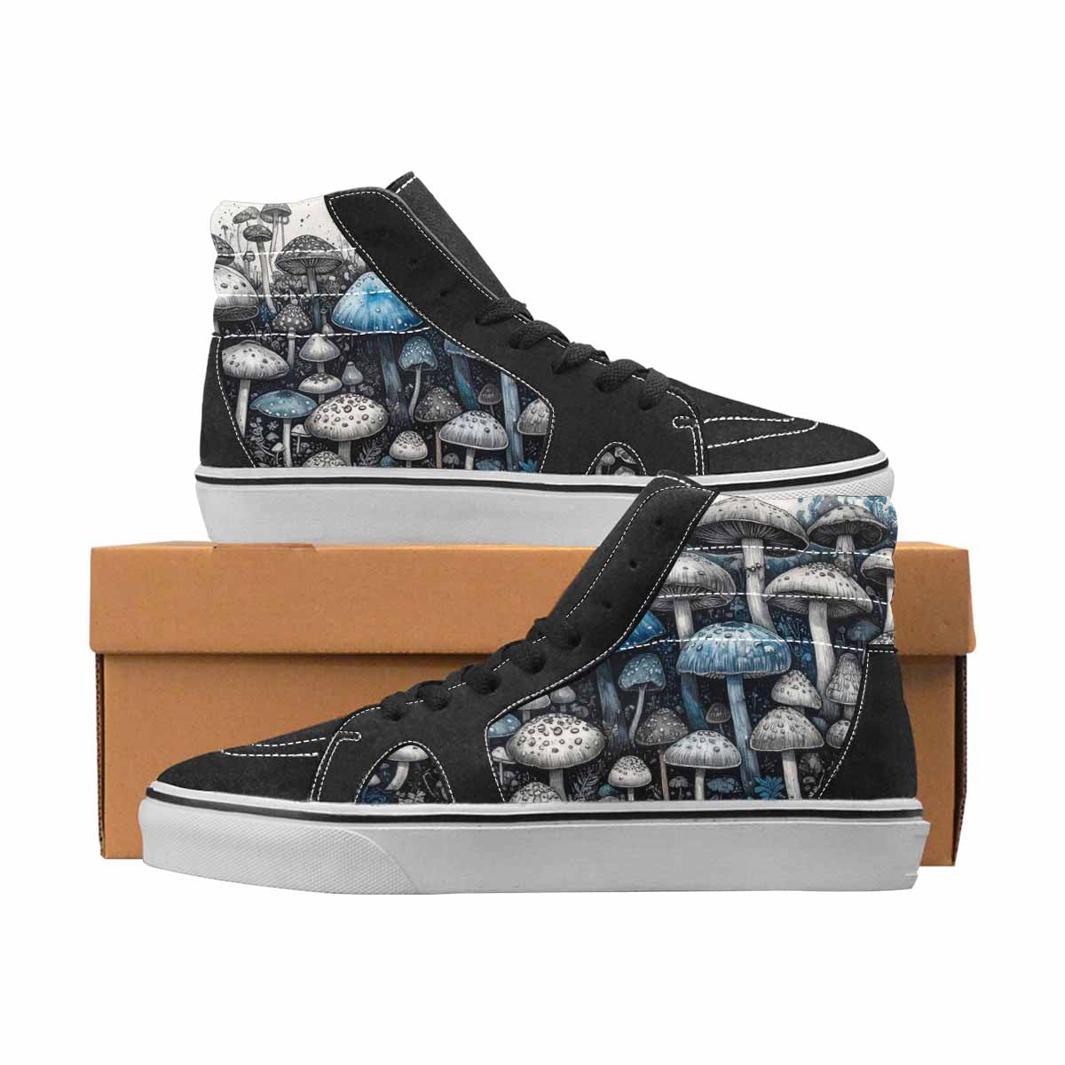 WOMEN'S Mushrooms Black & Blue Ink High Top Canvas Unique Print Vivid Limited Edition Sneakers