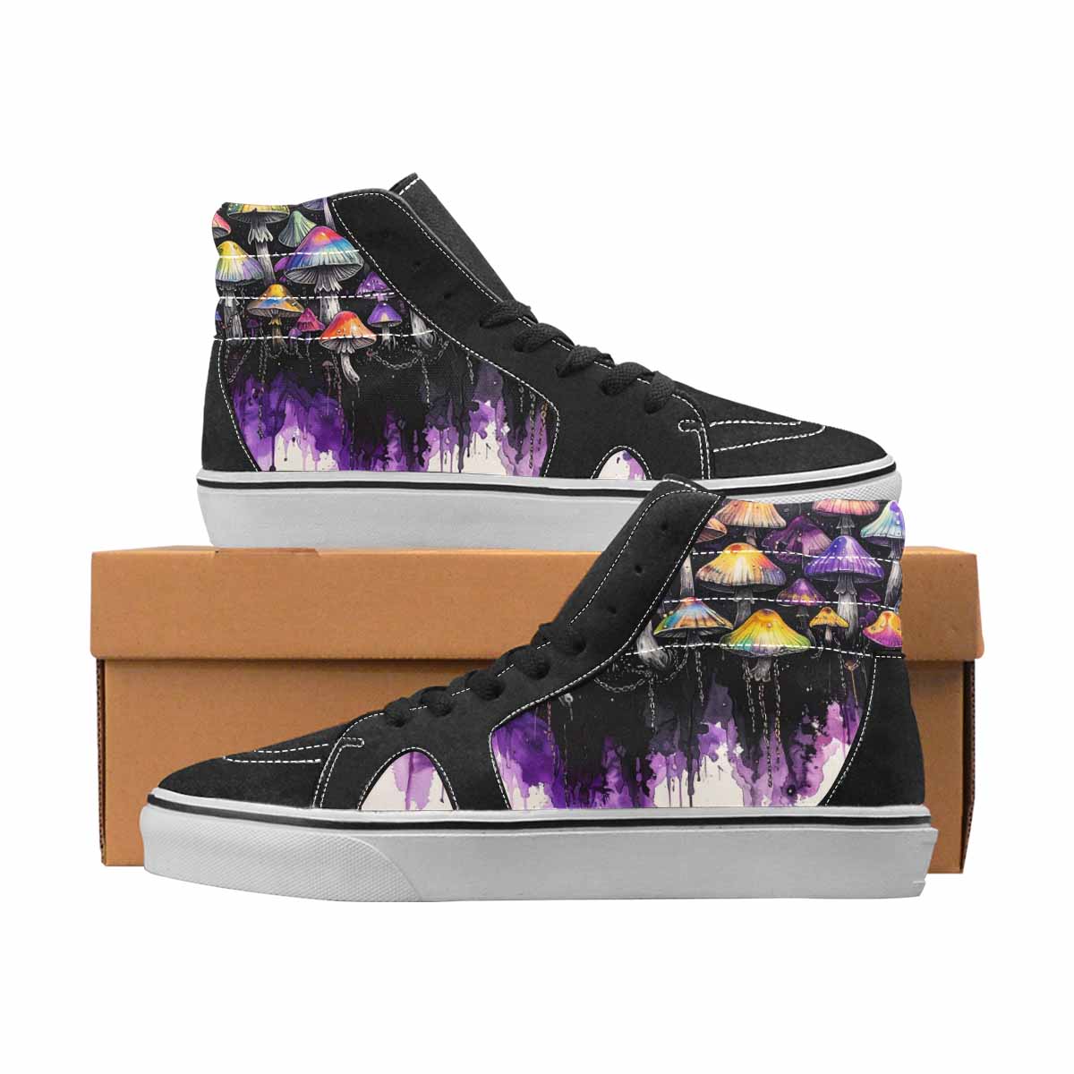 WOMEN'S Mushrooms Black & Purple Ink High Top Canvas Custom Fashion Melting Art Custom Shoes