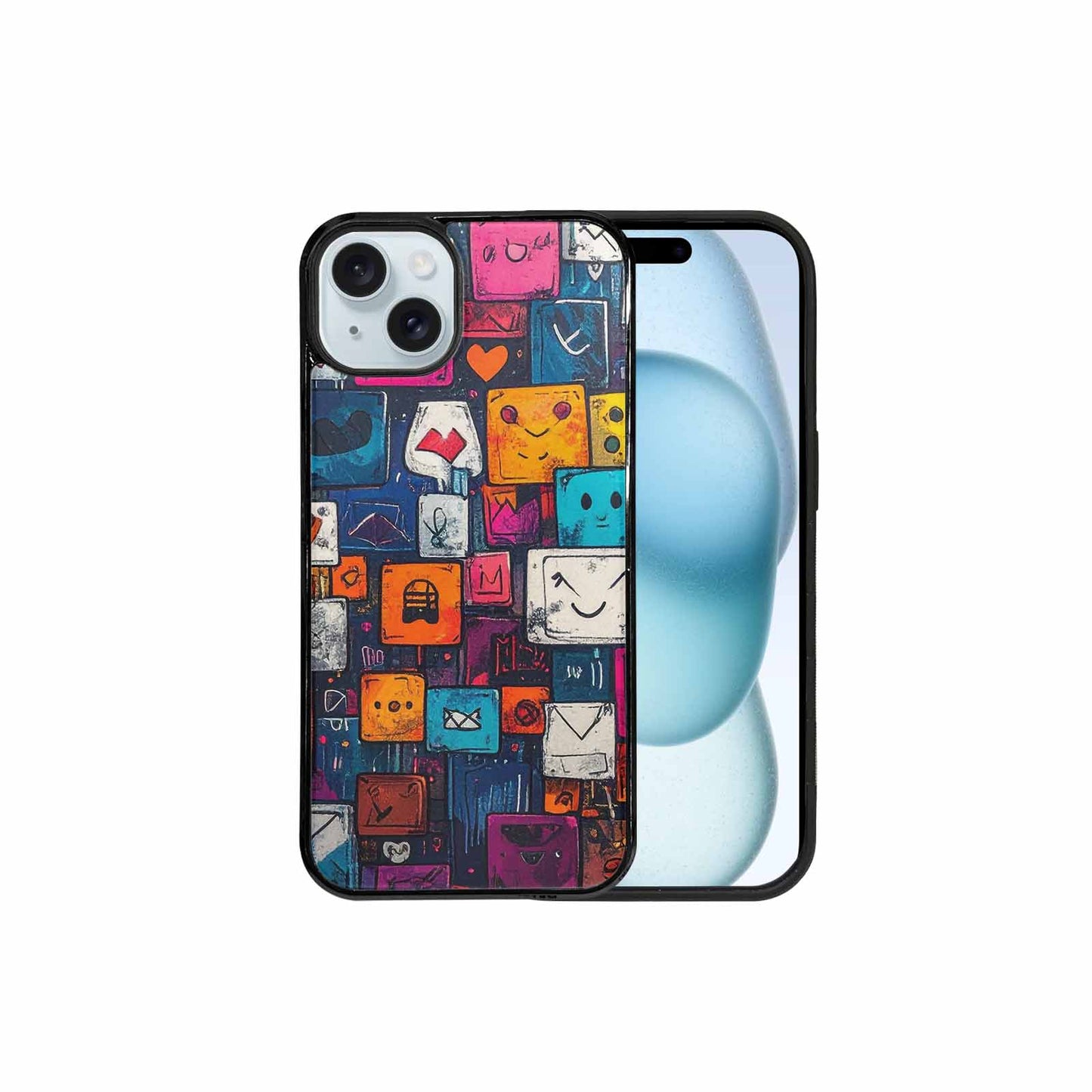 iPhone 15 Plus Case — Hand Drawn Icon Doodle Pattern Hundreds, Custom Art Phone Cover