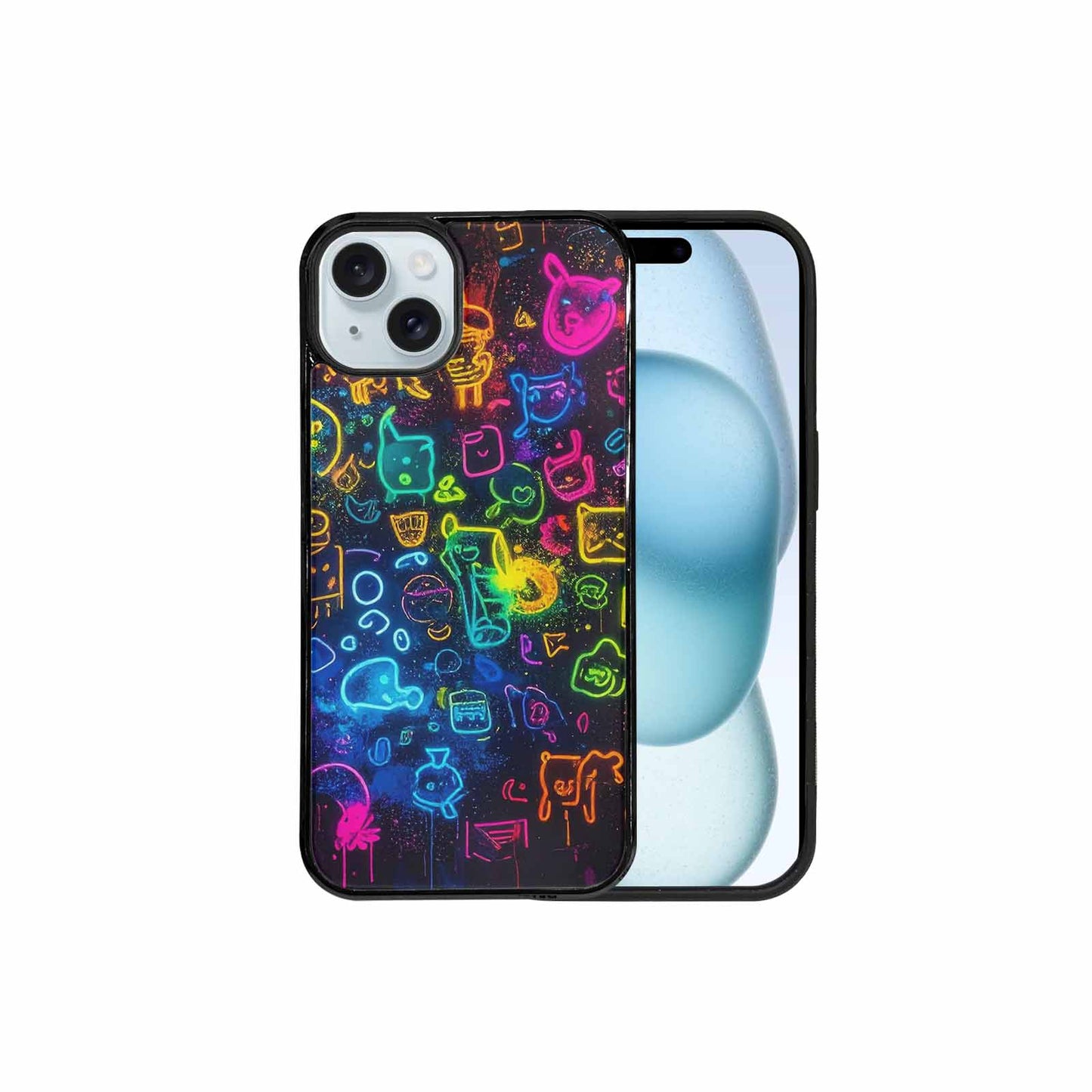 iPhone 15 Plus Case — Neon Glow Outline Icon Pattern Hundreds, Custom Phone Case