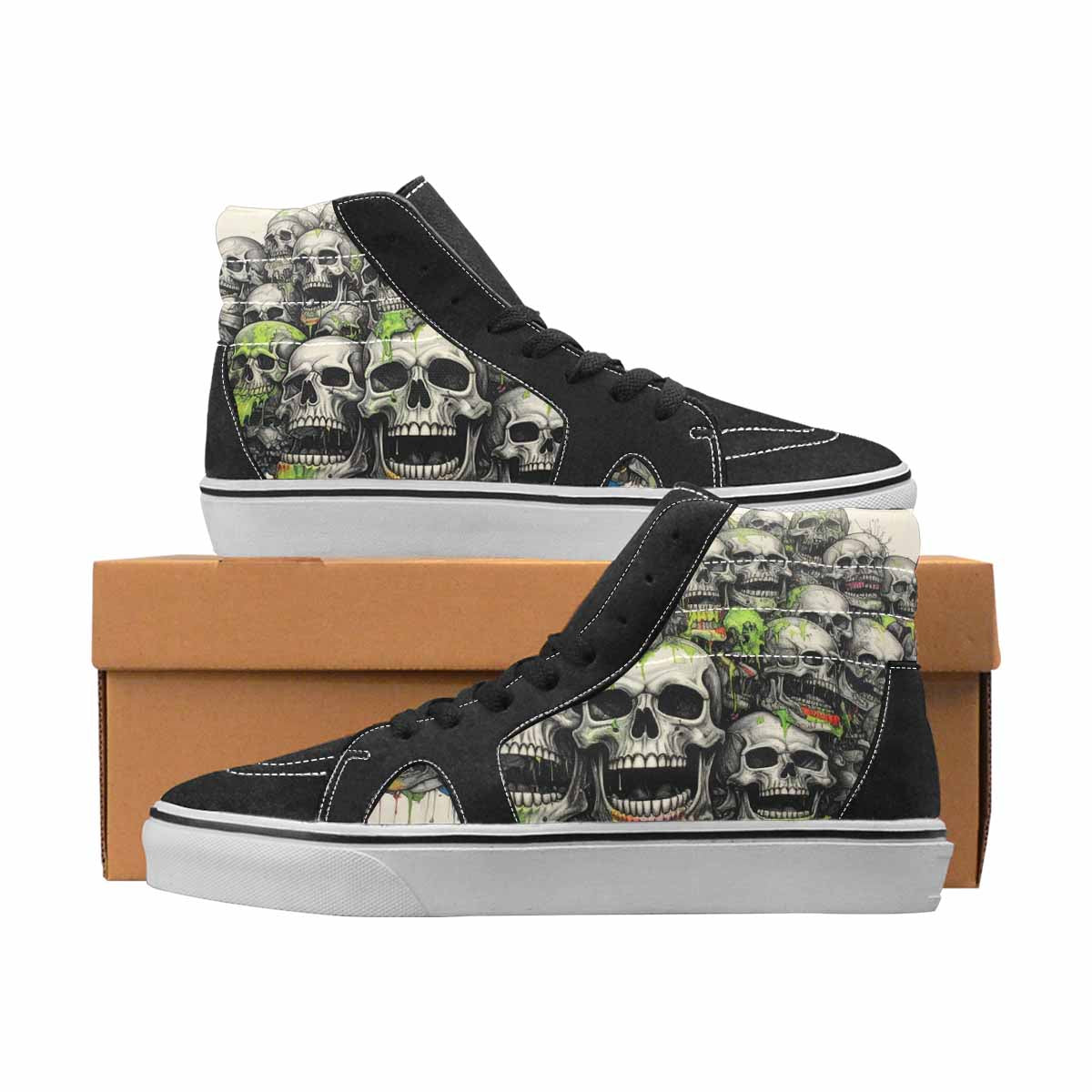 WOMEN'S Skulls Black & Green Ink High Top Canvas Custom Fashion Aesthetic Custom Printed Shoes