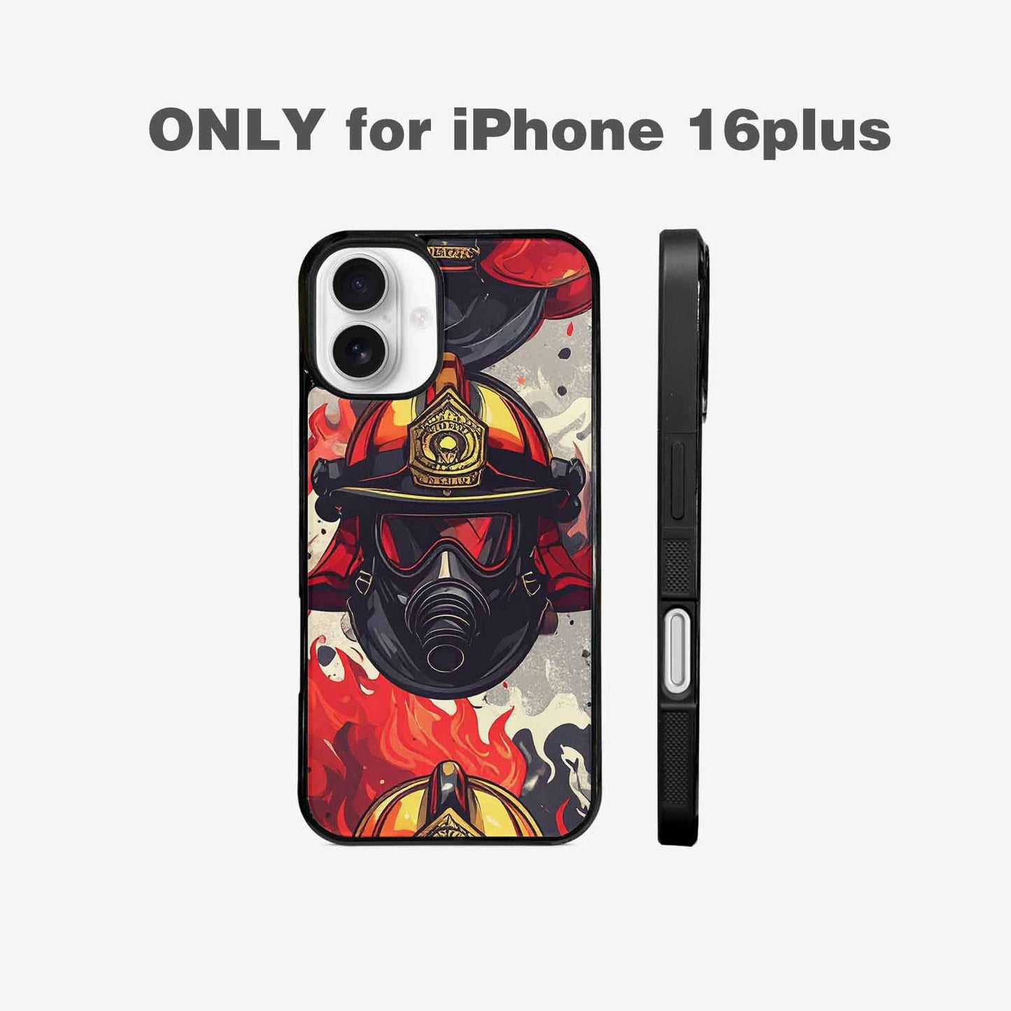 iPhone 16 Plus Case — Firefighter Pattern Flames Axes Helmets Seamless, Customized Protective Case