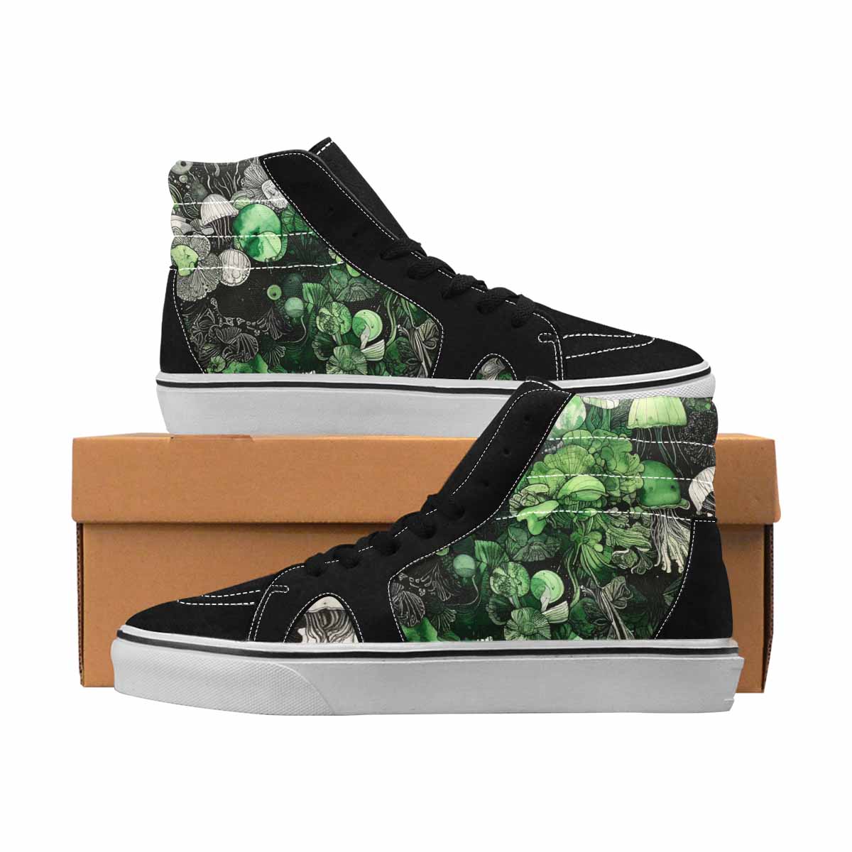 MEN'S Sea Creatures Black & Green Ink High Top Canvas Artist-designed Dark Academia All Over Print Shoes
