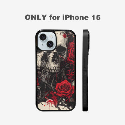 iPhone 15 Case — Skull And Roses Black Red Ink, Custom Made Phone Cover