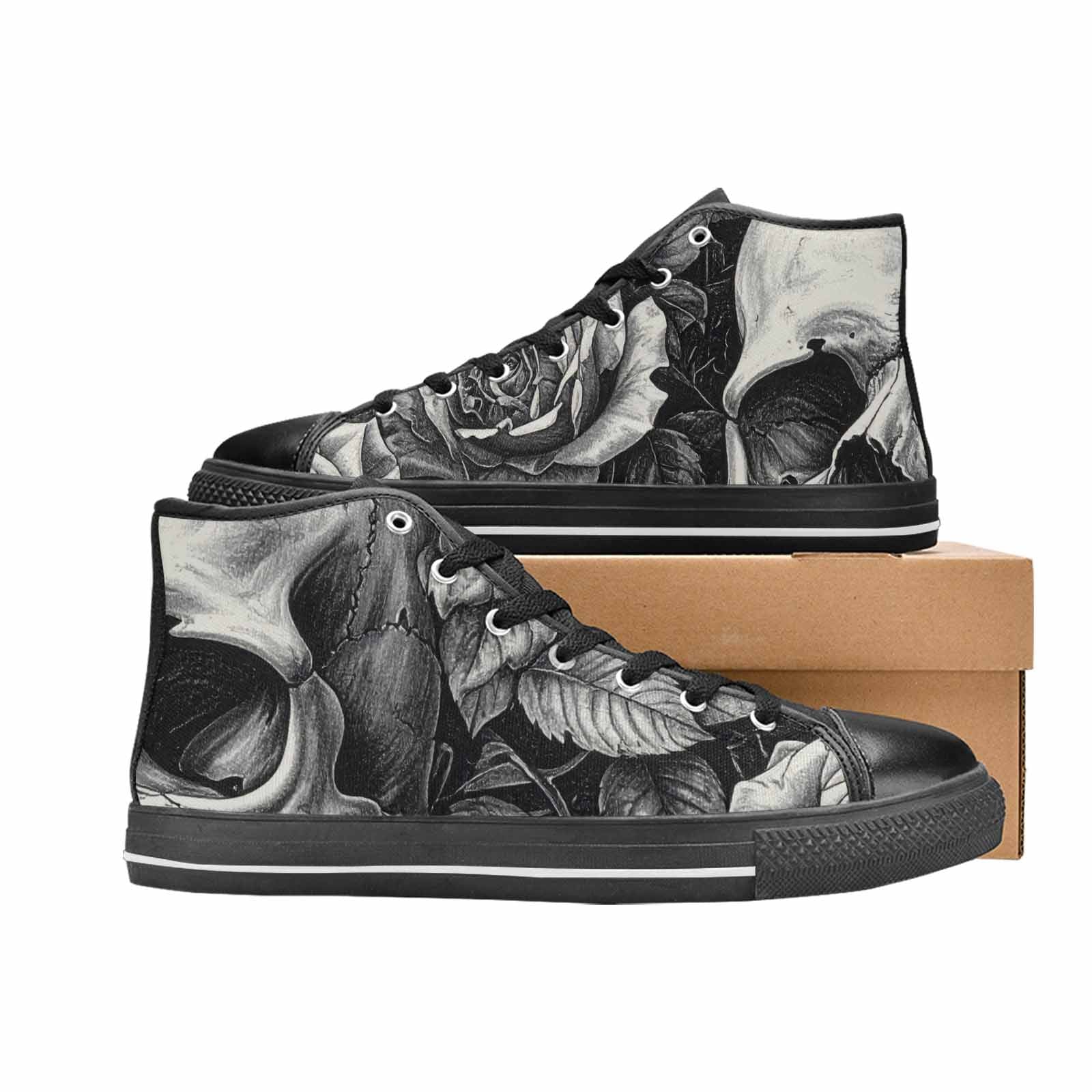 MEN'S Skulls Roses Pen Ink High Top Canvas Surreal Custom Sneakers