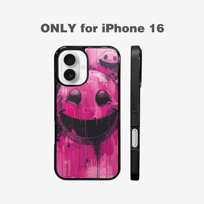 iPhone 16 Case — Melting Moon Smiley Black Pink Ink, Custom Art Phone Cover