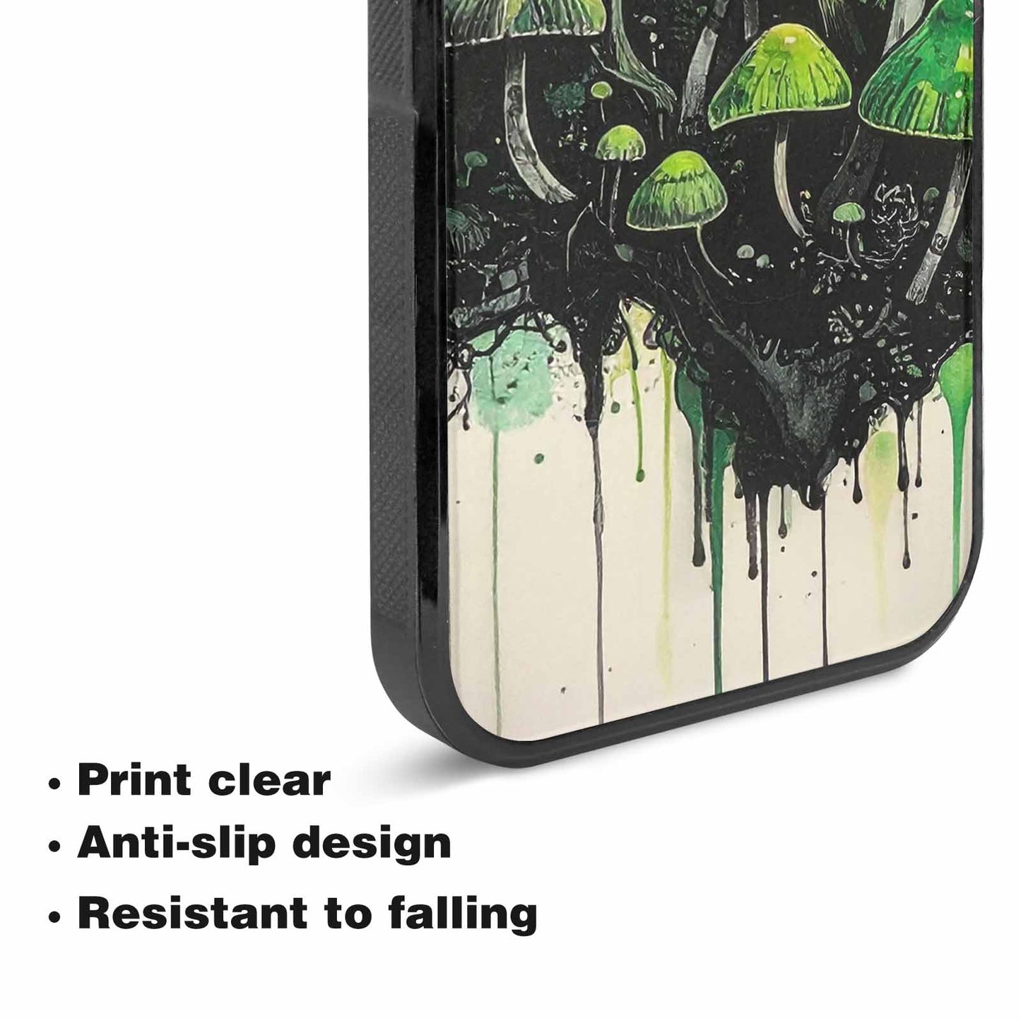 iPhone 15 Plus Case — Rainbow Drip Mushrooms Black Green Ink, Unique Phone Case Design
