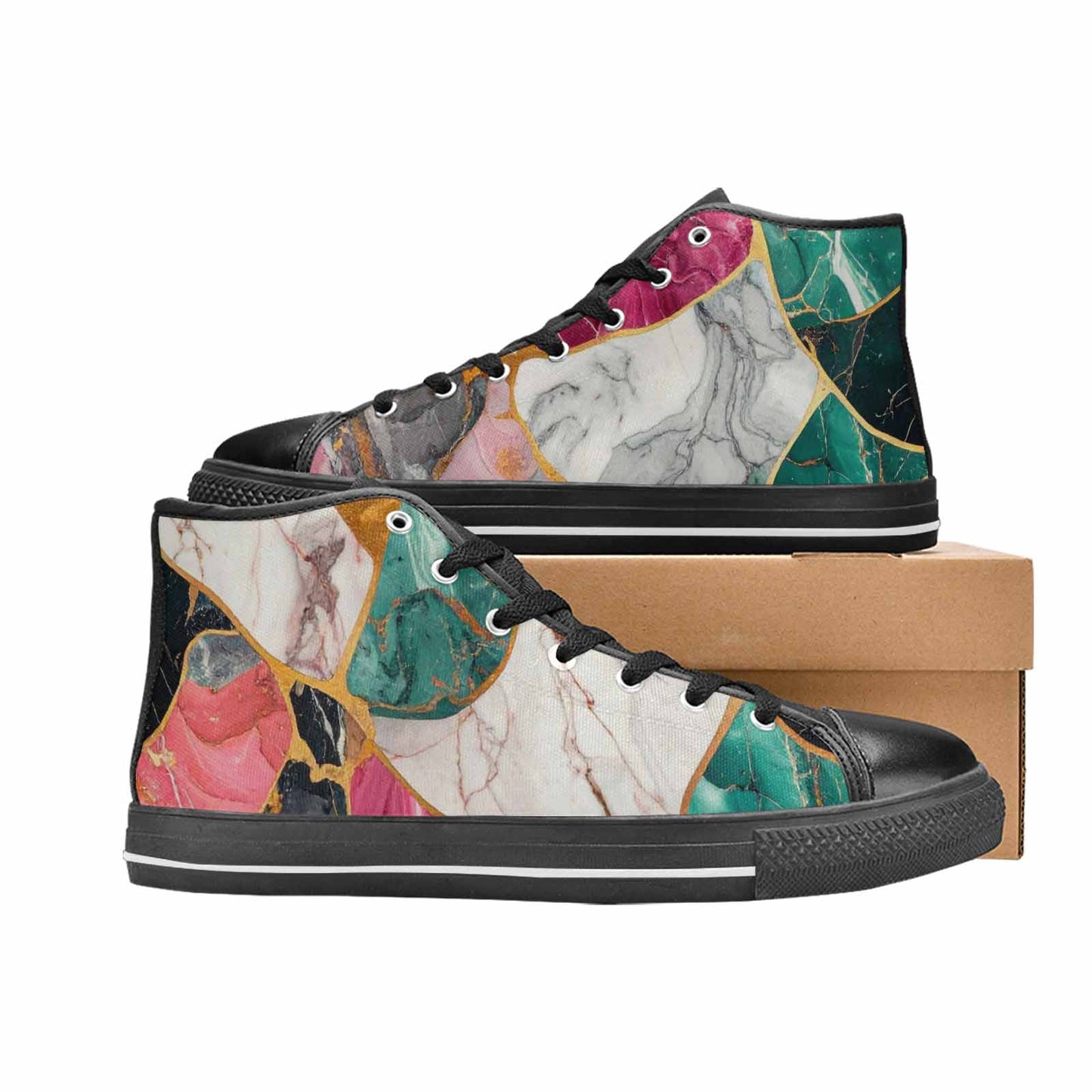 WOMEN'S Marble Stone Texture High Top Canvas Vibrant Chaos Sneakers