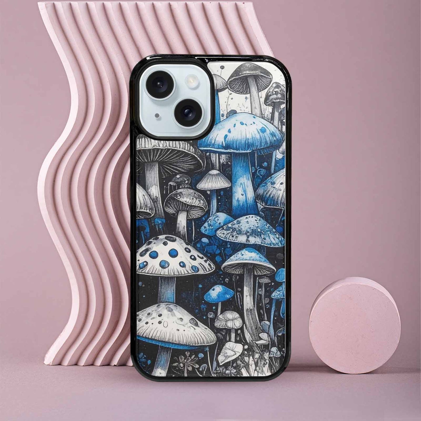 iPhone 15 Case — Mushrooms General Black Blue Ink Mushrooms, Custom Printed Phone Case