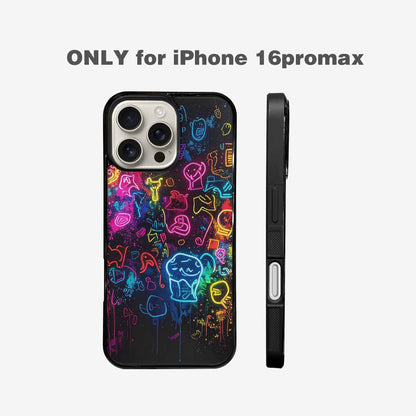 iPhone 16 Pro Max Case — Neon Glow Outline Icon Pattern Hundreds, Unique Phone Case Design