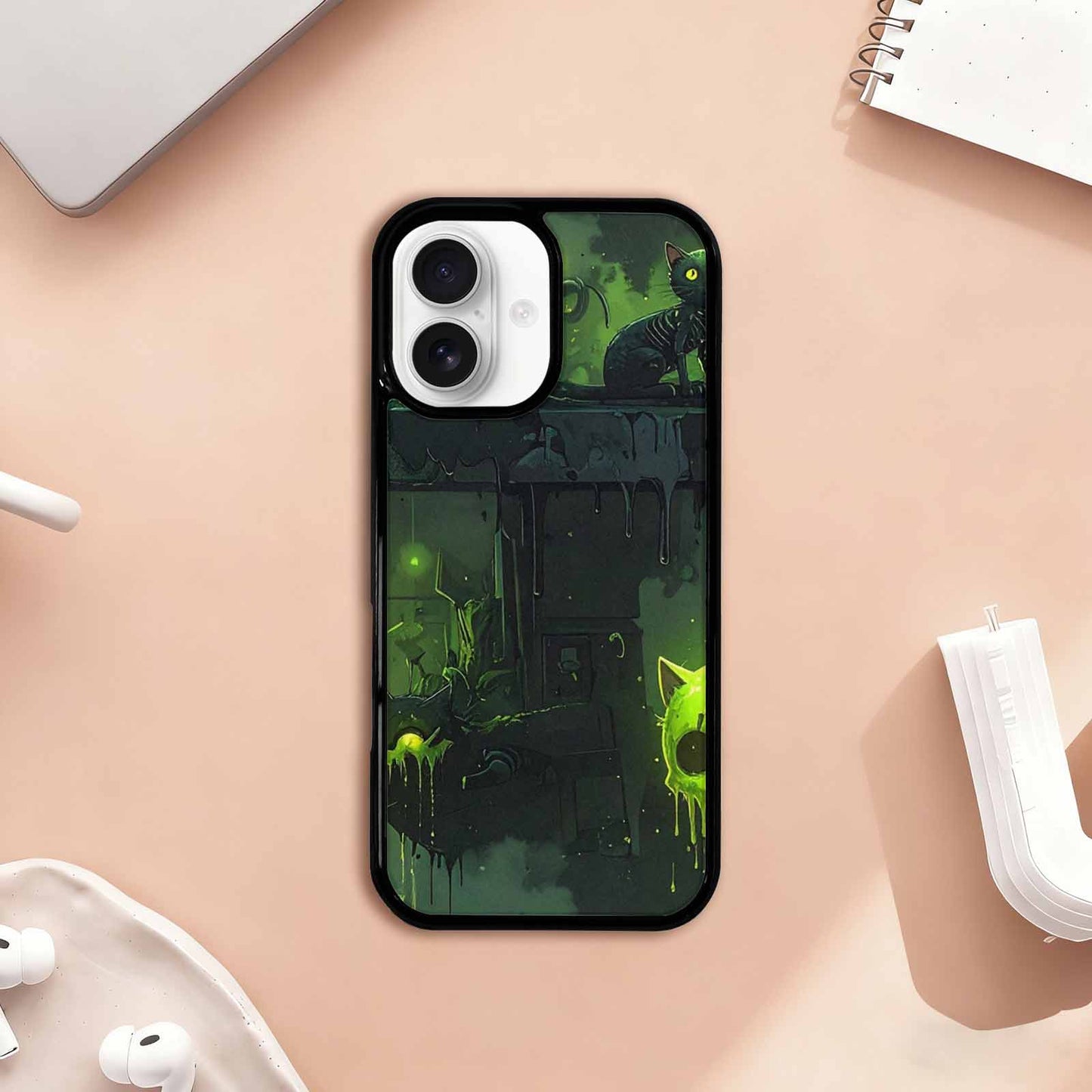 iPhone 17 Case — Toxic Melting Skeleton Cats Original Art, Custom Art Phone Cover