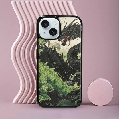 iPhone 15 Case — Dragon Scale Black Green Ink Dragons, Custom Designed Case Cover