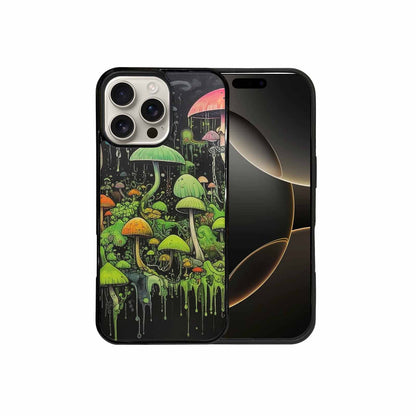 iPhone 16 Pro Max Case — Rainbow Drip Mushrooms Black Green Ink, Original Design Phone Case