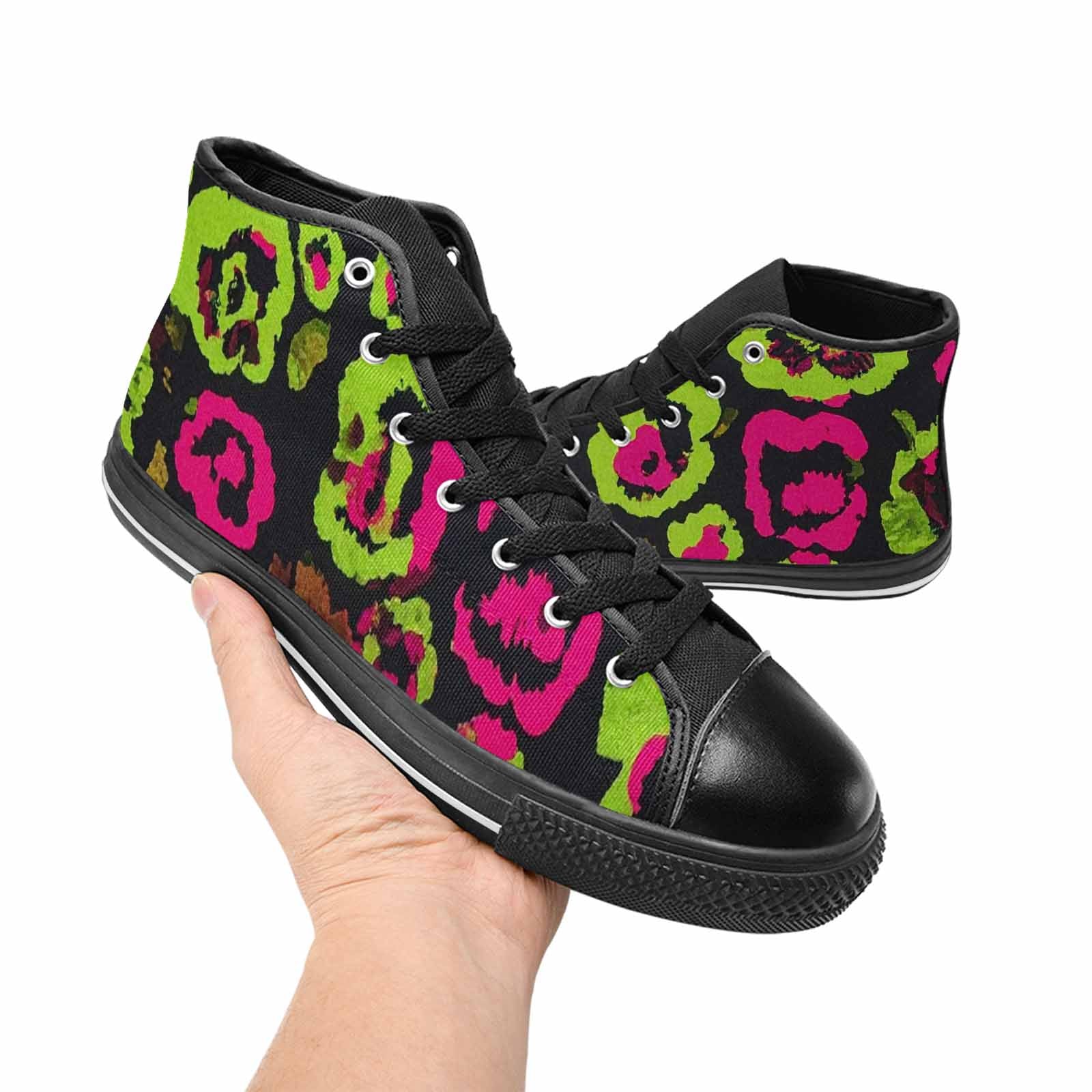 WOMEN'S Leopard Neon Rosette Black High Top Canvas Neon Fantasy Custom Sneakers