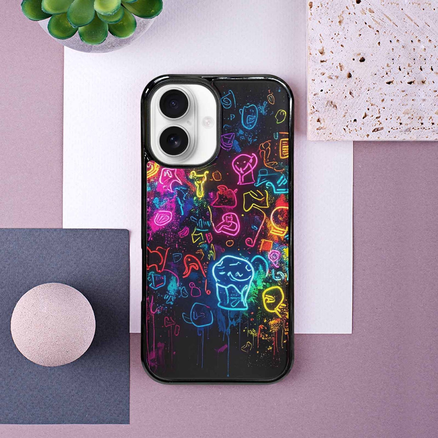 iPhone 16 Case — Neon Glow Outline Icon Pattern Hundreds, Customized Protective Case