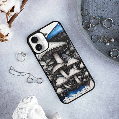 iPhone 16 Plus Case — Mushrooms General Black Blue Ink Mushrooms, Custom Print Case Cover
