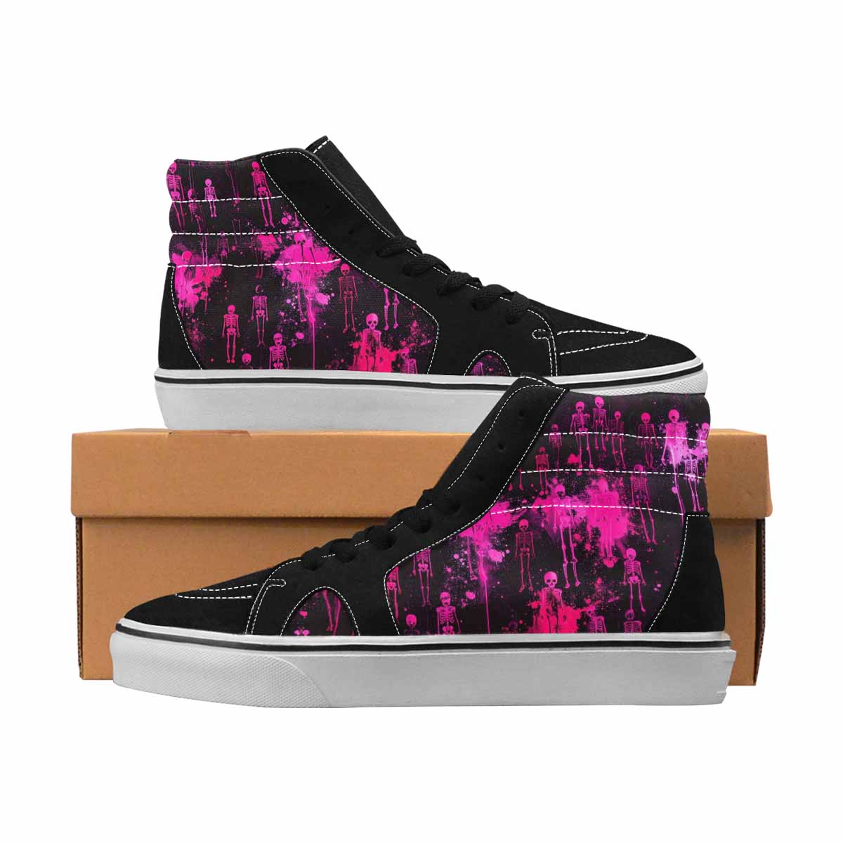 MEN'S Skulls Neon Pink Glow High Top Canvas One Of A Kind Wallpaper Art Custom Shoes