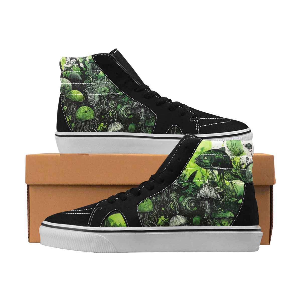 MEN'S Sea Creatures Black & Green Ink High Top Canvas Artist-designed Dark Academia Customized Sneakers