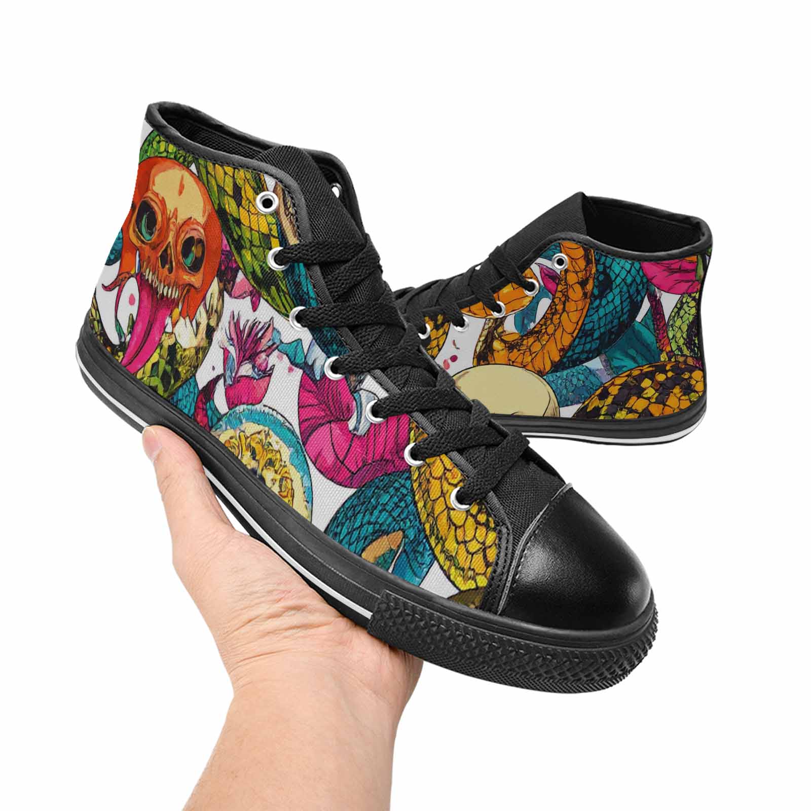 WOMEN'S Snake Print Skull High Top Canvas Vivid Sneakers