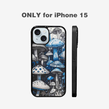 iPhone 15 Case — Mushrooms General Black Blue Ink Mushrooms, Custom Made Phone Cover